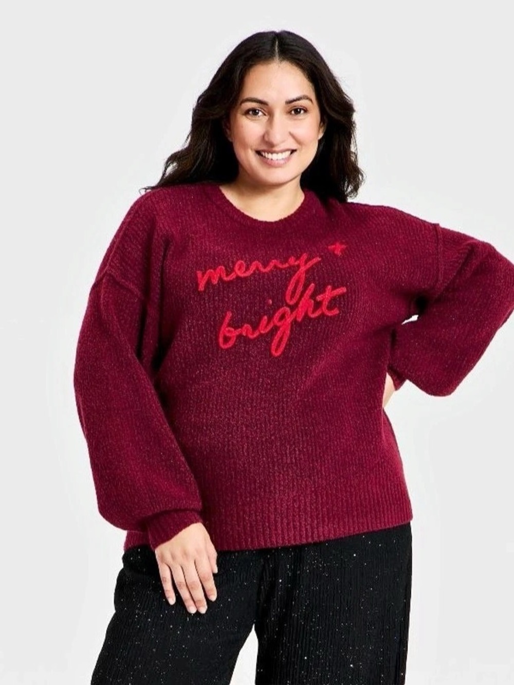 Ava & Viv Burgundy Holiday Pullover Sweater Merry And Bright Red Graphic 1X